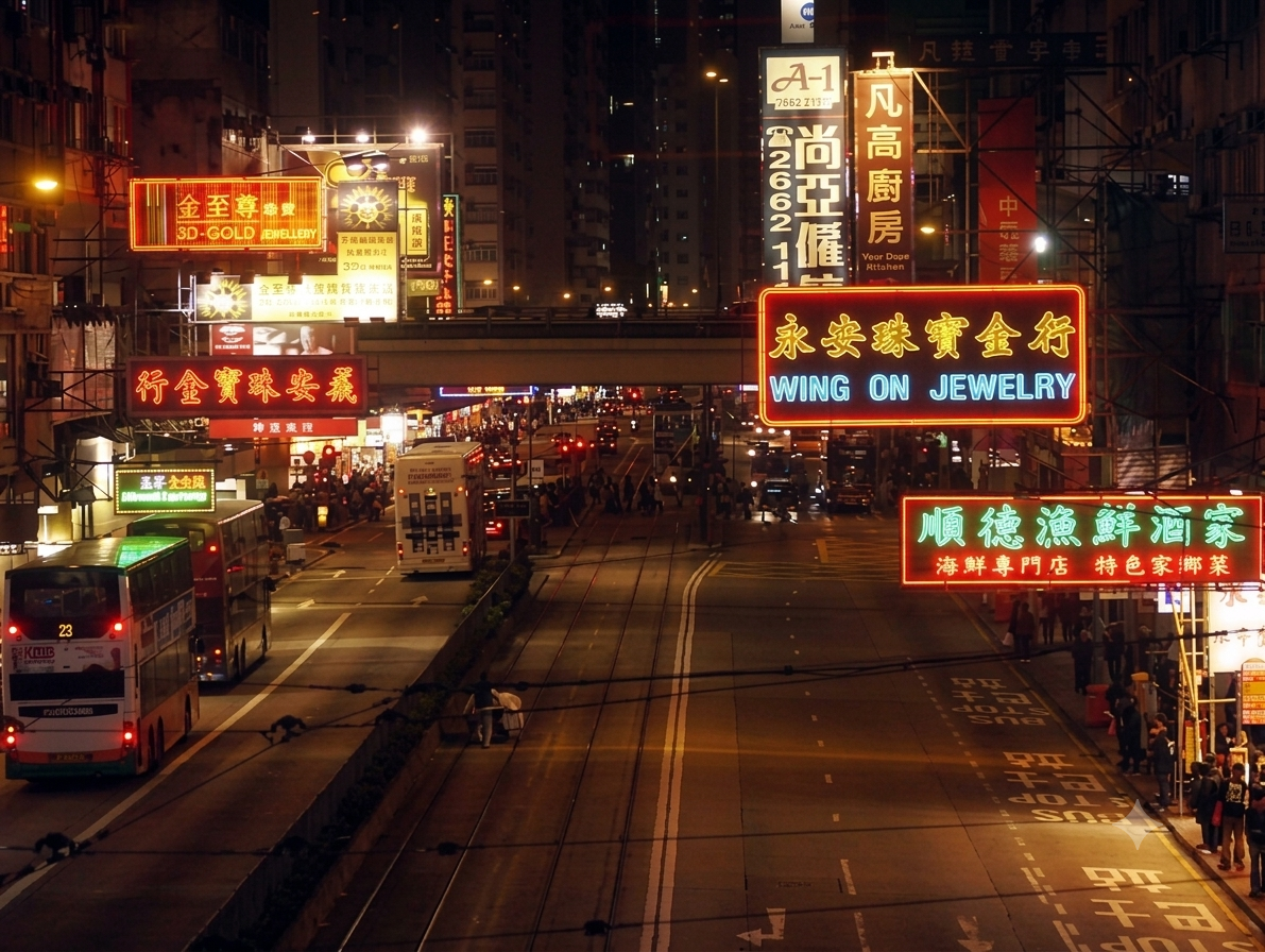 Wing On Jewelry sign above a Hong Kong street at night